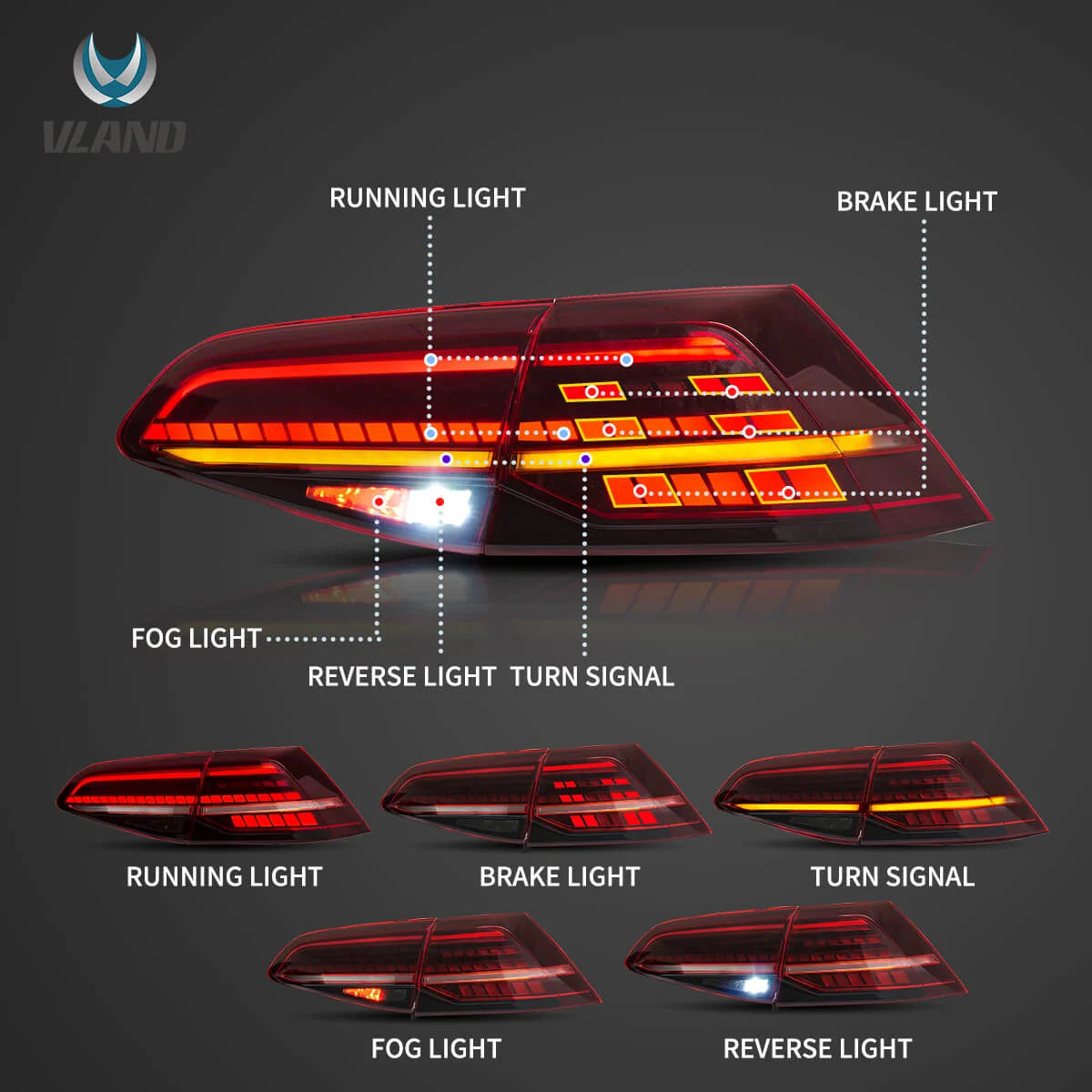 VLAND Golf 7 MK7.5-Style LED Taillights – Red/Smoked – Plug & Play